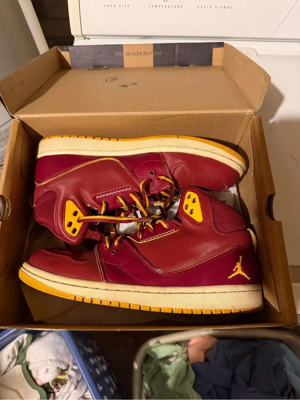 Burgundy and Yellow Air Jordan High-Top Sneakers